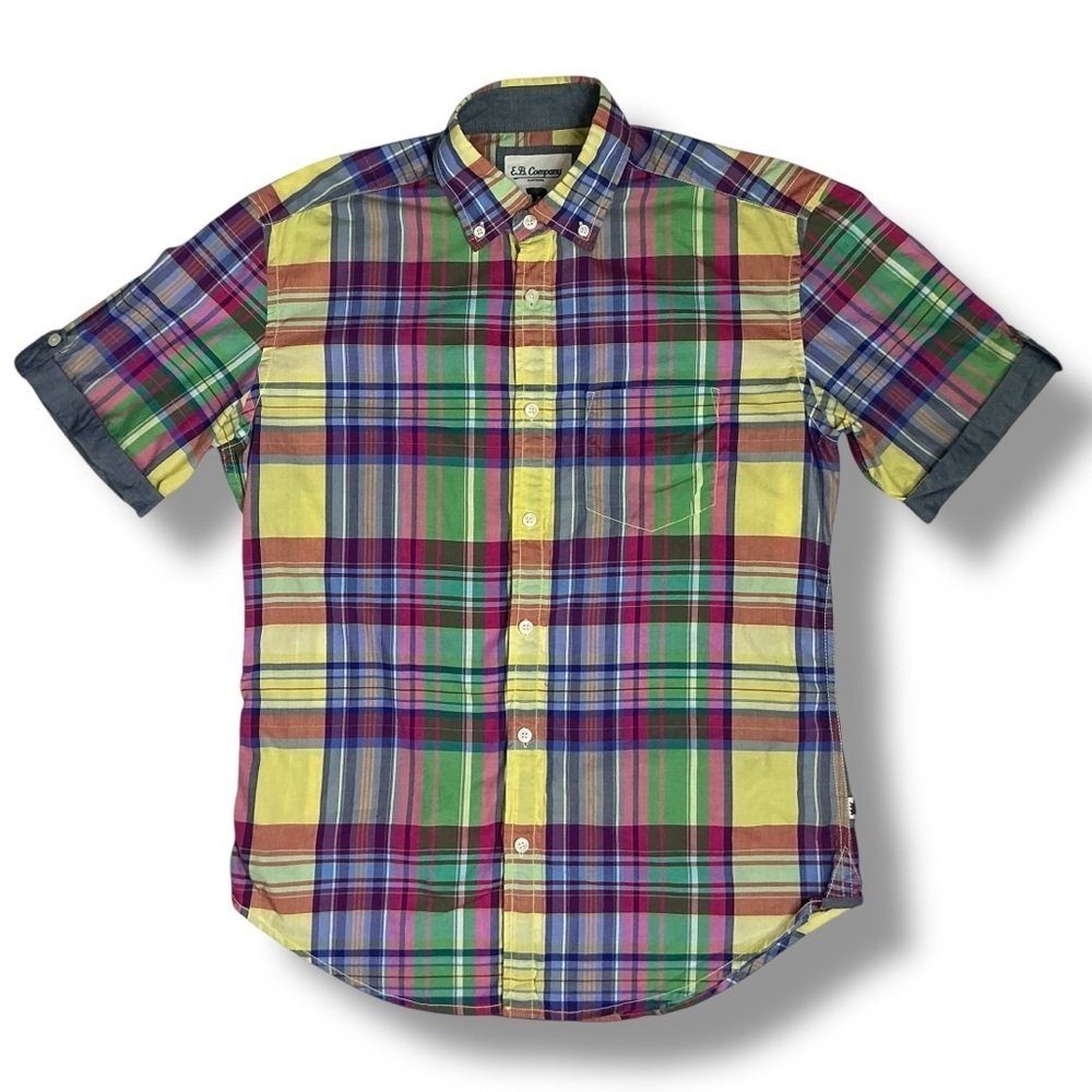 E B Company Vintage Button Down Collar Shirt Madras Plaid Blue Green Men Medium - Picture 8 of 16